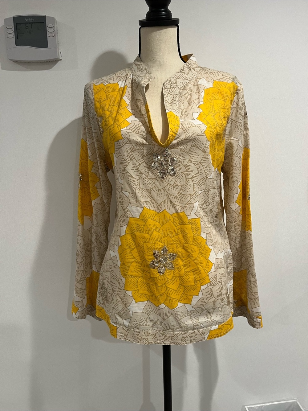 Tory Burch Yellow Floral Long-Sleeve V-Neck Top with Embellishment